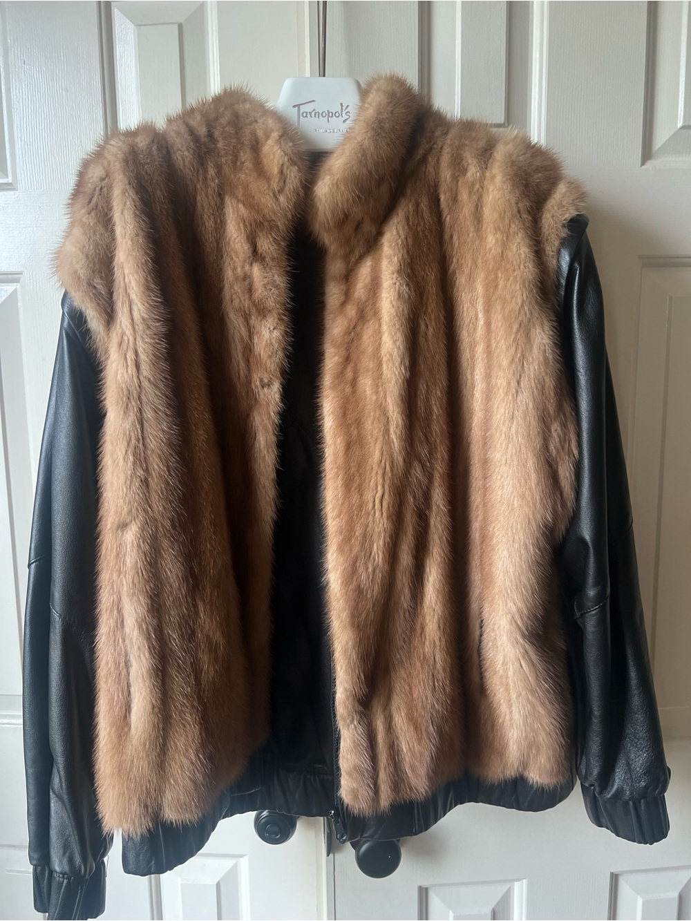 Reversible Brown Fur Bomber Jacket with Black Leather Sleeves